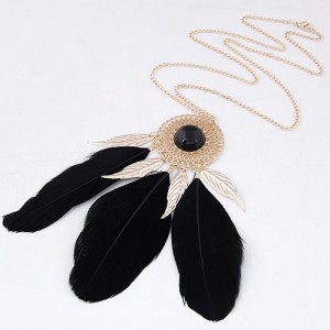 Elegant Feather Pendant Long Chain Fashion Necklace - Black