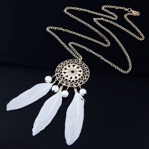 Hollow Round Floral Engraving Pendant with Feather Design Fashion Necklace - White