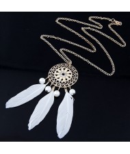 Hollow Round Floral Engraving Pendant with Feather Design Fashion Necklace - White