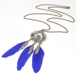 Triple Blue Feather Pendant Fashion Necklace