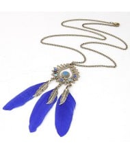Triple Blue Feather Pendant Fashion Necklace