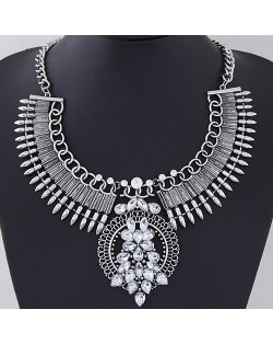 Rhinestone Combined Flower Cluster Arch Shape Statement Fashion Necklace - Silver