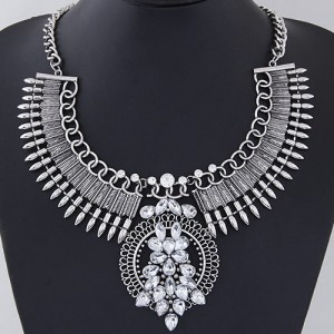 Rhinestone Combined Flower Cluster Arch Shape Statement Fashion Necklace - Silver