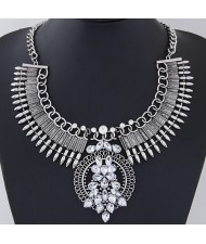 Rhinestone Combined Flower Cluster Arch Shape Statement Fashion Necklace - Silver