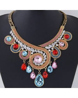 Luxurious Crystal Embedded Revolving Design Dangling Waterdrops Fashion Necklace - Multicolor
