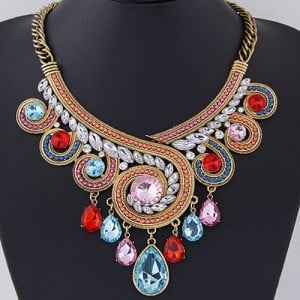 Luxurious Crystal Embedded Revolving Design Dangling Waterdrops Fashion Necklace - Multicolor