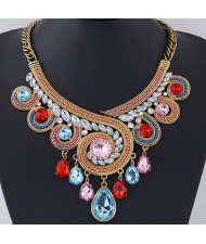 Luxurious Crystal Embedded Revolving Design Dangling Waterdrops Fashion Necklace - Multicolor