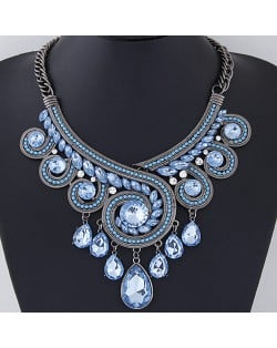 Luxurious Crystal Embedded Revolving Design Dangling Waterdrops Fashion Necklace - Blue