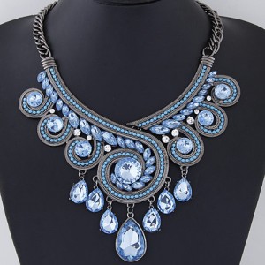Luxurious Crystal Embedded Revolving Design Dangling Waterdrops Fashion Necklace - Blue