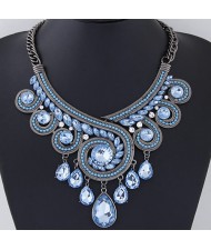 Luxurious Crystal Embedded Revolving Design Dangling Waterdrops Fashion Necklace - Blue