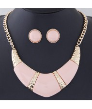 Bold Resin Gem Inlaid Coarse Arch Fashion Necklace and Earrings Set - Pink