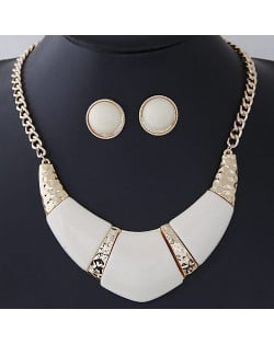 Bold Resin Gem Inlaid Coarse Arch Fashion Necklace and Earrings Set - White