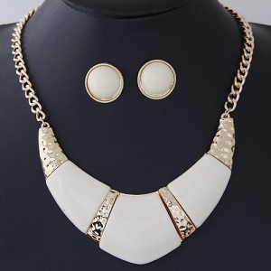 Bold Resin Gem Inlaid Coarse Arch Fashion Necklace and Earrings Set - White