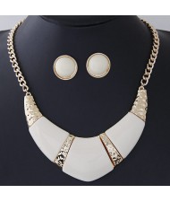 Bold Resin Gem Inlaid Coarse Arch Fashion Necklace and Earrings Set - White