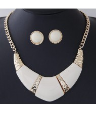 Bold Resin Gem Inlaid Coarse Arch Fashion Necklace and Earrings Set - White