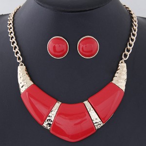 Bold Resin Gem Inlaid Coarse Arch Fashion Necklace and Earrings Set - Red