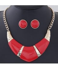 Bold Resin Gem Inlaid Coarse Arch Fashion Necklace and Earrings Set - Red