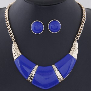 Bold Resin Gem Inlaid Coarse Arch Fashion Necklace and Earrings Set - Blue