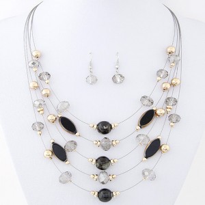 Korean Style Crystal Beads Multi-layer Costume Necklace and Earrings Set - Black