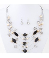 Korean Style Crystal Beads Multi-layer Costume Necklace and Earrings Set - Black