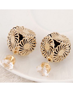 Golden Hollow Chrysanthemum with Rhinestone Design Fashion Ear Studs - Black