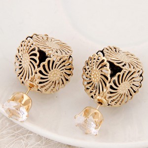Golden Hollow Chrysanthemum with Rhinestone Design Fashion Ear Studs - Black