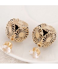 Golden Hollow Chrysanthemum with Rhinestone Design Fashion Ear Studs - Black