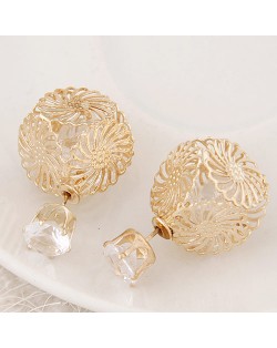 Golden Hollow Chrysanthemum with Rhinestone Design Fashion Ear Studs - Transparent