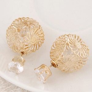 Golden Hollow Chrysanthemum with Rhinestone Design Fashion Ear Studs - Transparent