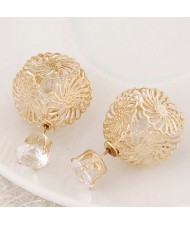 Golden Hollow Chrysanthemum with Rhinestone Design Fashion Ear Studs - Transparent