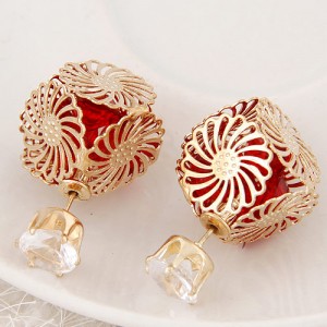 Golden Hollow Chrysanthemum with Rhinestone Design Fashion Ear Studs - Red