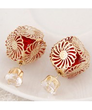 Golden Hollow Chrysanthemum with Rhinestone Design Fashion Ear Studs - Red