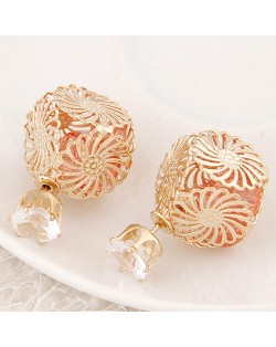 Golden Hollow Chrysanthemum with Rhinestone Design Fashion Ear Studs - Orange