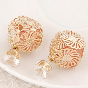 Golden Hollow Chrysanthemum with Rhinestone Design Fashion Ear Studs - Orange