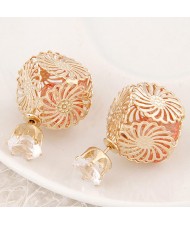 Golden Hollow Chrysanthemum with Rhinestone Design Fashion Ear Studs - Orange