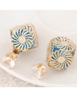 Golden Hollow Chrysanthemum with Rhinestone Design Fashion Ear Studs - Sky Blue