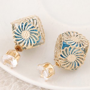Golden Hollow Chrysanthemum with Rhinestone Design Fashion Ear Studs - Sky Blue