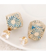 Golden Hollow Chrysanthemum with Rhinestone Design Fashion Ear Studs - Sky Blue