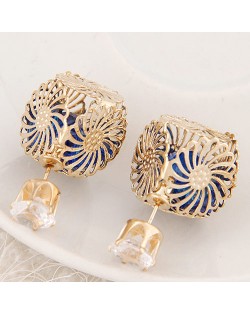 Golden Hollow Chrysanthemum with Rhinestone Design Fashion Ear Studs - Blue