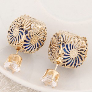 Golden Hollow Chrysanthemum with Rhinestone Design Fashion Ear Studs - Blue