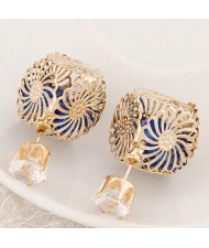 Golden Hollow Chrysanthemum with Rhinestone Design Fashion Ear Studs - Blue