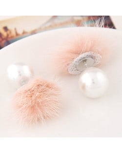 Korean Fashion Fluffy Ball Decorated Pearl Ear Studs - Pink