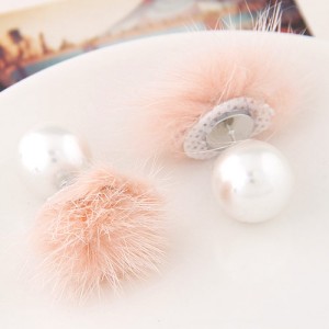 Korean Fashion Fluffy Ball Decorated Pearl Ear Studs - Pink