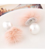 Korean Fashion Fluffy Ball Decorated Pearl Ear Studs - Pink