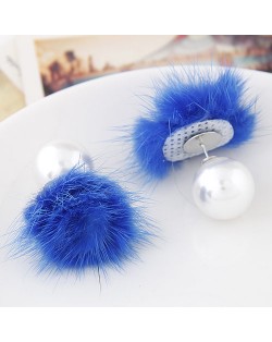 Korean Fashion Fluffy Ball Decorated Pearl Ear Studs - Blue