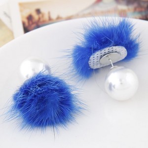 Korean Fashion Fluffy Ball Decorated Pearl Ear Studs - Blue