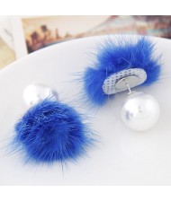 Korean Fashion Fluffy Ball Decorated Pearl Ear Studs - Blue