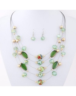 Korean Style Crystal Beads Multi-layer Costume Necklace and Earrings Set - Green