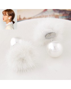 Korean Fashion Fluffy Ball Decorated Pearl Ear Studs - White