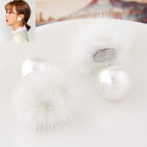 Korean Fashion Fluffy Ball Decorated Pearl Ear Studs - White